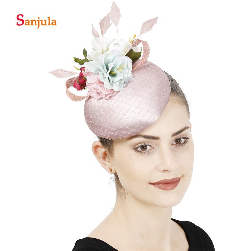 Satin hat til brudefjer håndlavede blomster bryllup hår tilbehør pink satin hat kvinder festtøj 396