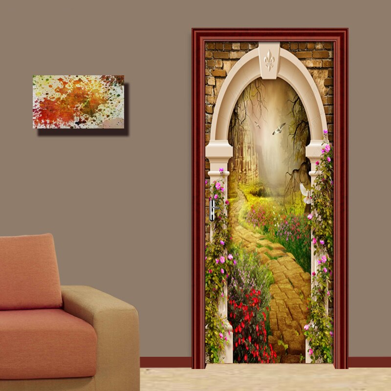 Retro Fantasy Castle Photo Wallpaper 3D Door Sticker PVC Waterproof Self-adhesive Wall Stickers Living Room Door Decor 3D Mural
