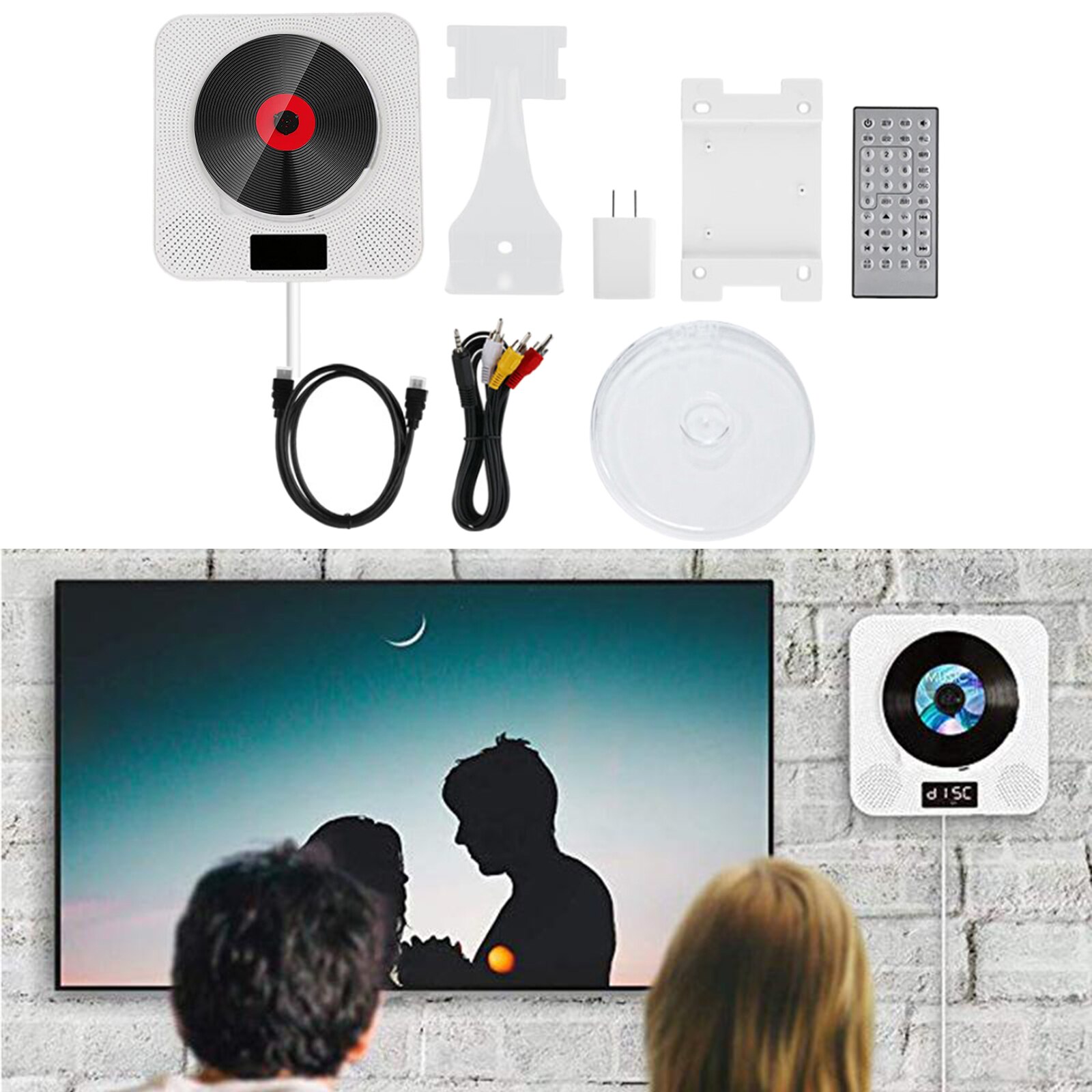 Compact Bluetooth CD Disc Music Player Wall Mounted Remote Control Built-in HiFi Speakers,US Plug