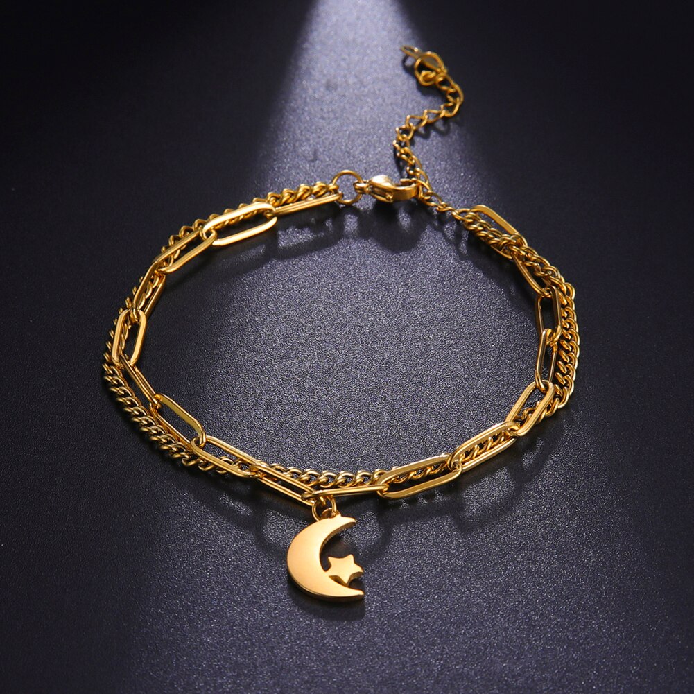 Cazador 2022 Mond und Sterne Armbinde auf Hand Doppel Kette Armbänder für Frauen Edelstahl Schmuck Geburtstag