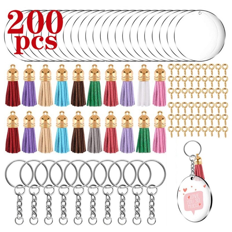 200 Pcs Acryl Sleutelhanger Blanks Kit Met Sleutel Jump Rings Ronde Clear Discs Cirkels Kleurrijke Kwastje Hangers Voor Diy