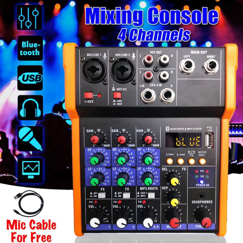 CCX-G4 Portable bluetooth G4 Sound Mixing Console Audio Mixer Record 48V Phantom Power Effects 4 Channels Audio Mixer with USB