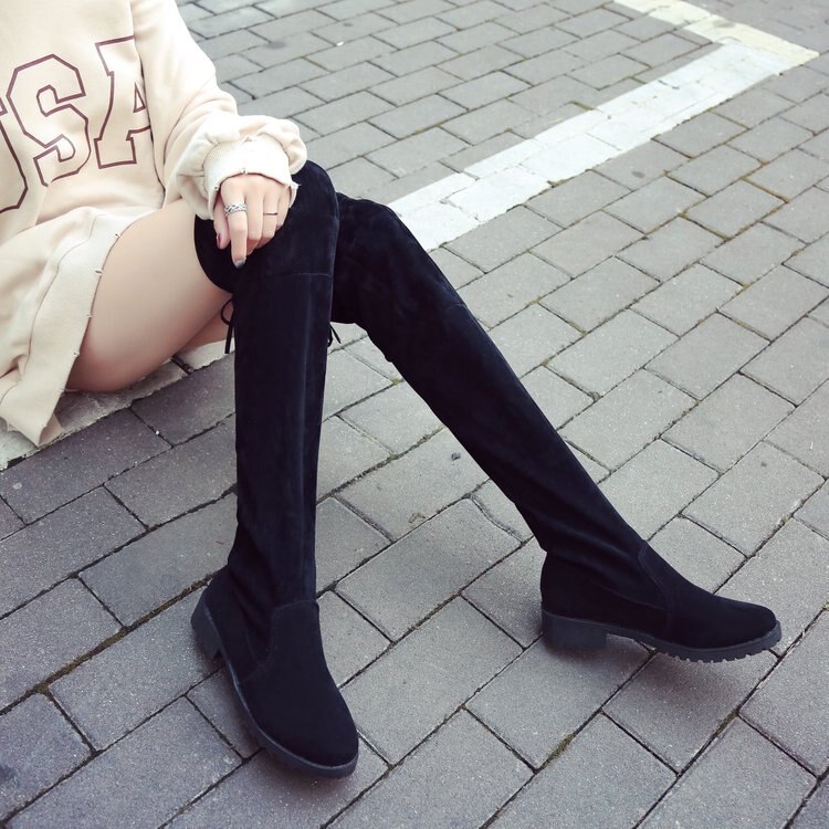 Koovan botas de mujer otoño e invierno nuevas botas de tacón grueso sobre la rodilla señoras Negro bajo plano talón Stovepipe Botas Largas