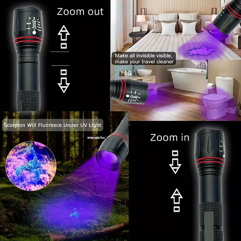Usb-oppladbar uv-lommelykt med 395nm- zoombare svarte lys til neglegel, skorpionjakt og insektdeteksjon (kraftfull aluminiumslegering)