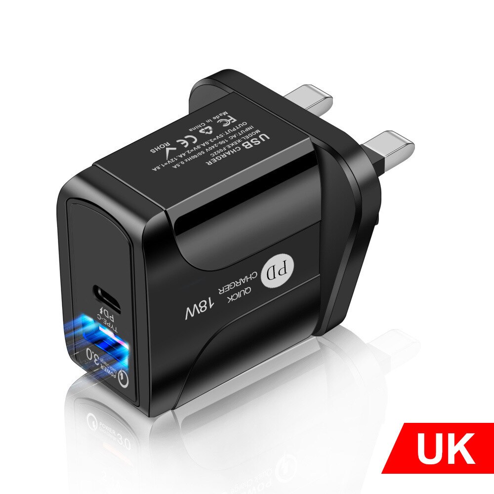 PD18W szybkie ładowanie 5V3A kompatybilny QC3.0 type-c ładowarki do telefonów komórkowych wtyczka Adapter ładowarki USB do głowicy ładującej ue/usa/UK: black-UK