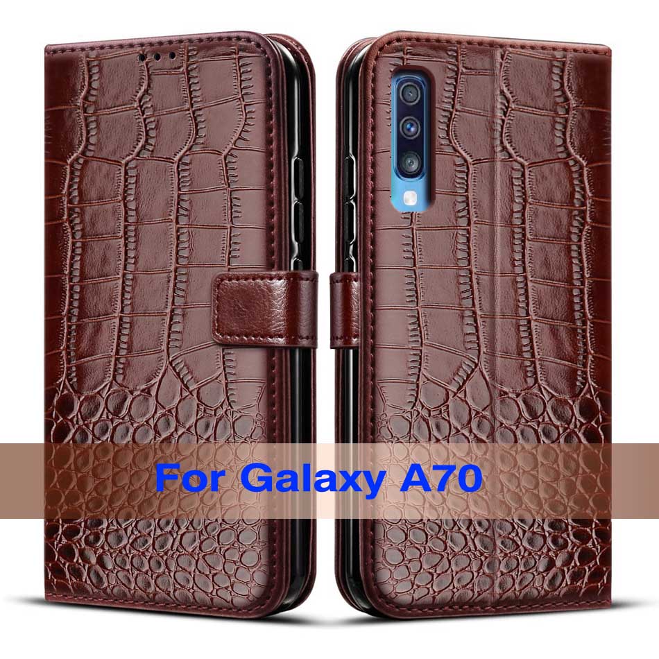 Coque de téléphone à rabat en cuir, étui portefeuille magnétique luxueux pour Samsung Galaxy A70: Deep Brown