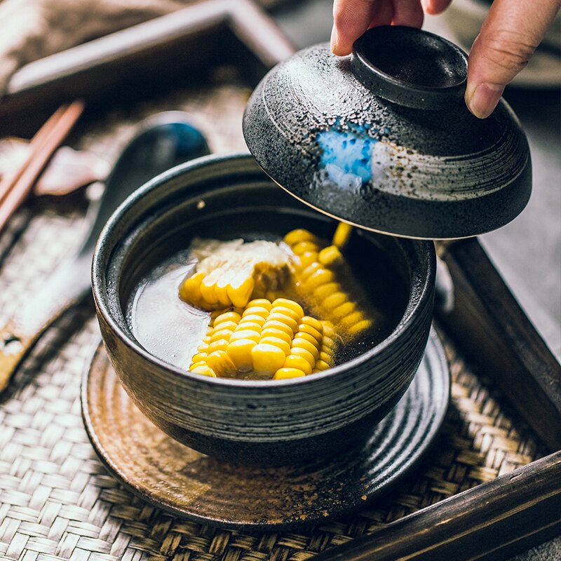 Japanse soepkom aardewerk stoofpot met deksel lepel bodem schotel set eetkamer restaurant mini pot kleine soep dessert cup servies
