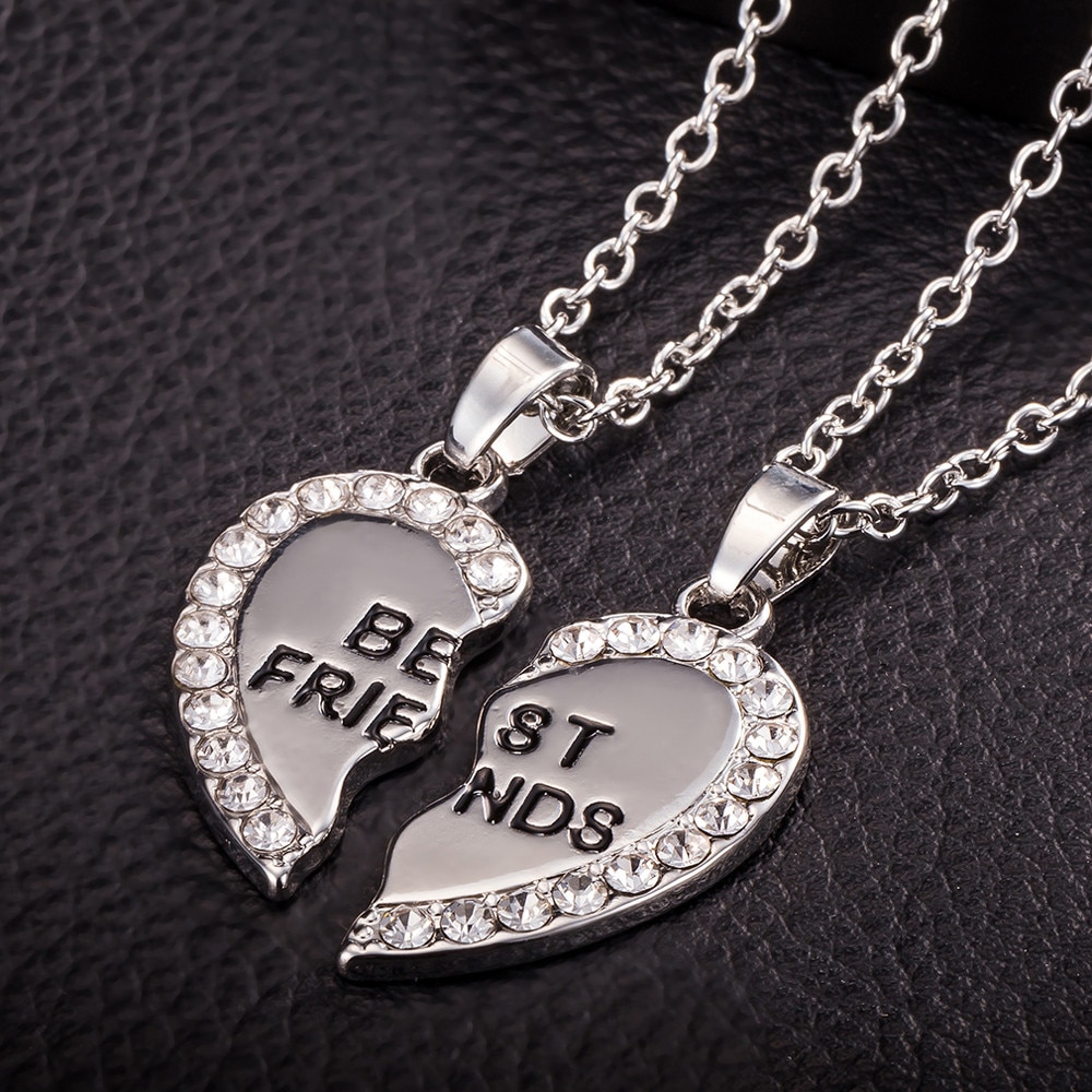 Unisex 2 Pcs Necklace Women Crystal Heart Pendant Best Friend Letter Necklace Couple Necklace Men Friendship Jewelry Z0526: Sliver