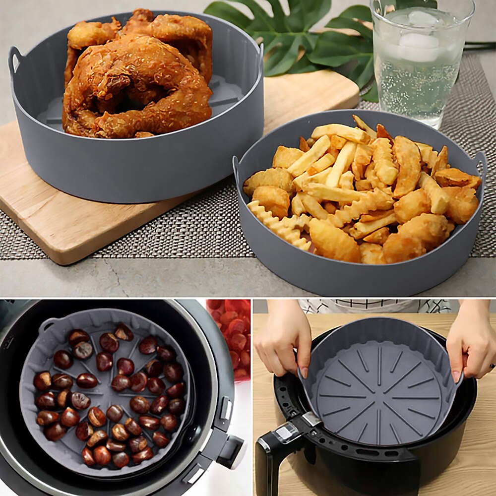 Multifunktionale AirFryer Silikon Topf Luft Friteusen Ofen Zubehör Brot Gebraten Huhn Pizza Korb Backblech FDA Backen Gerichte