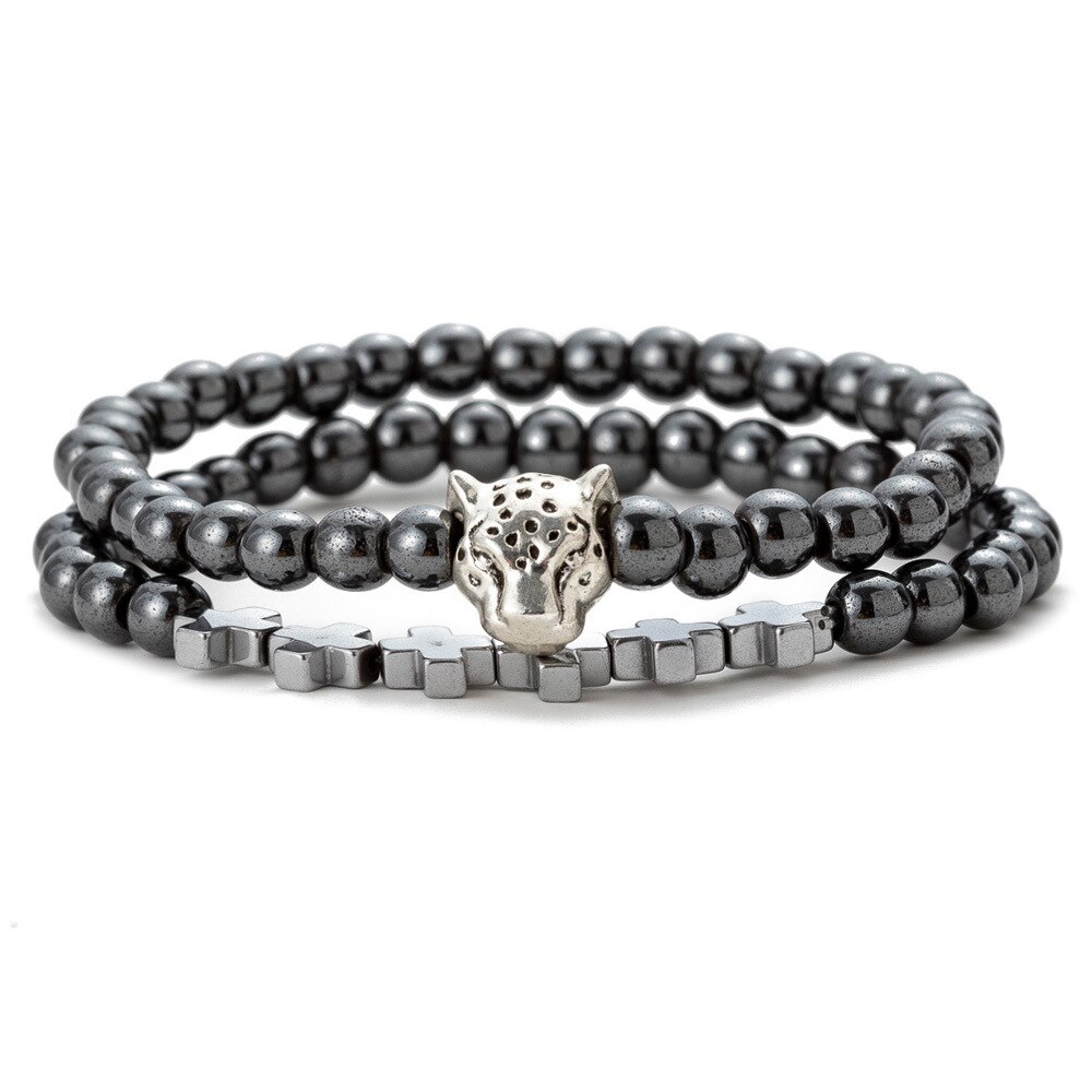 Breloque tête de léopard perlée, Bracelet boule CZ, pistolet hématite, perle en cuivre noir réglable, Bracelet énergie pour hommes et femmes