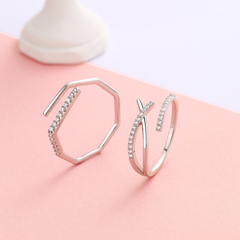 Minimalist Line Style Adjuestable Size 925 Silver Rings Set Charm Couple Engagement Wedding Bands Luxury Jewelry