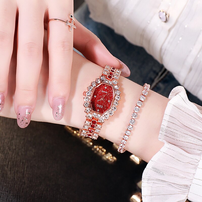 Dameur armbånd firkantet ur fuld diamant dameur casual starry sky watch: Rosenrød