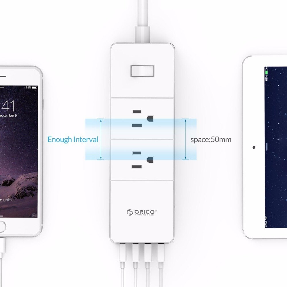 Orico Power Strip - 2 AC Outlets + 4 USB Ports - 1.5m Cable - Surge Protector - White ABS