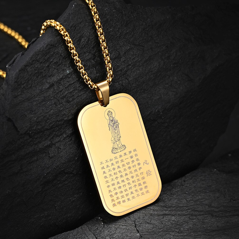 Buddhism Titan Buddha Necklace Rectangle Pendant for Men Woman Stainless Steel Chain Religious Faith Power Bodyguard Jewelry