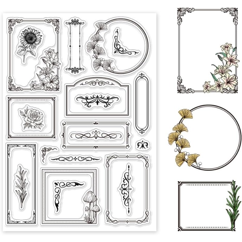 Sellos transparentes de borde botánico, formas mixtas para hacer tarjetas, rosas, setas, esquina de encaje, sellos transparentes de 5,83x8,27 pulgadas, 1 ud.