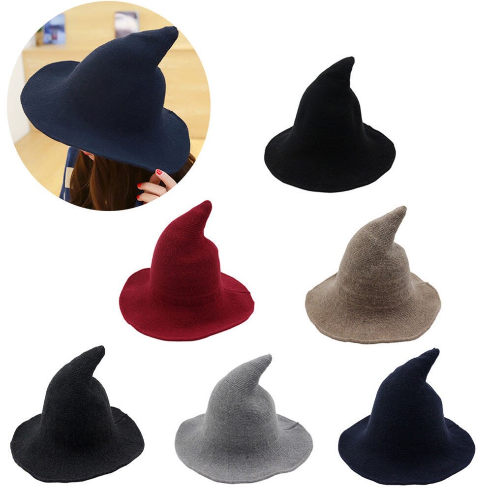 Nyeste kvinder moderne hekse uld hat foldbart kostume skarpt spids uld filt halloween fest hatte hekse hat varm kasket