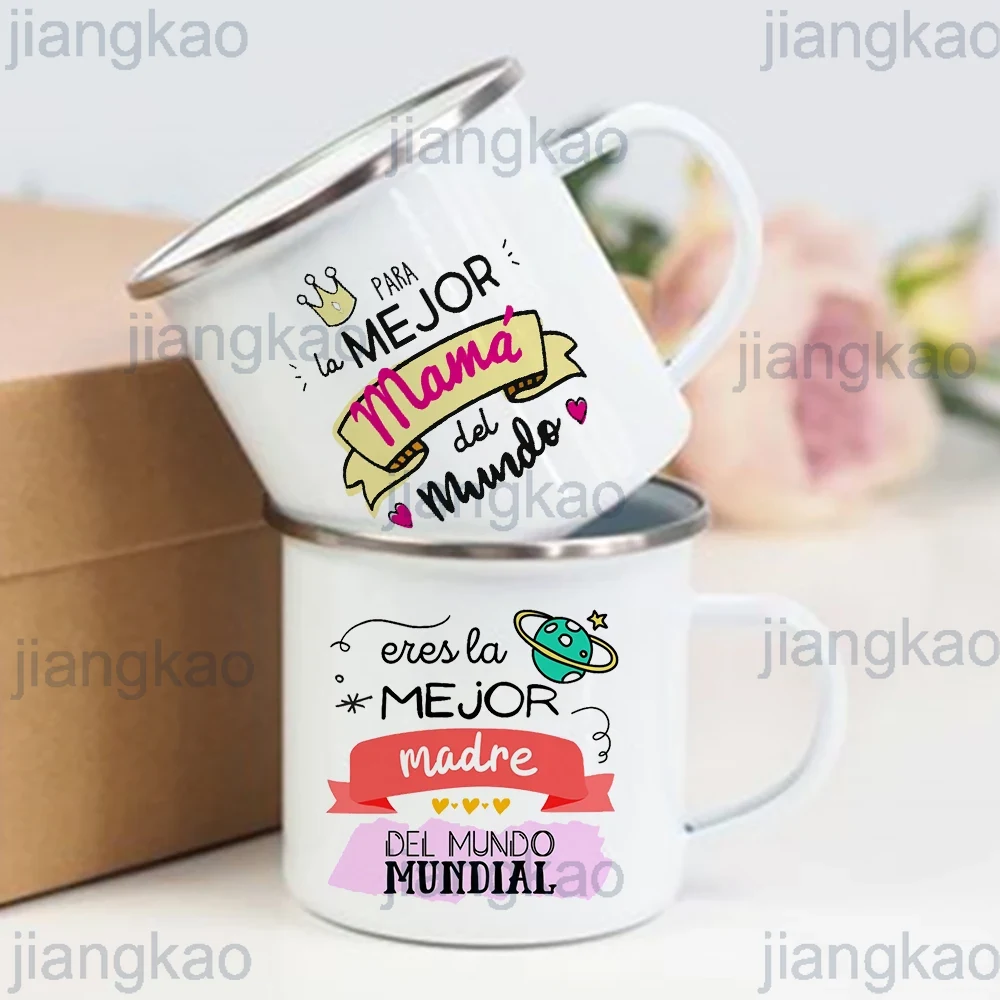 Taza con estampado de la mejor mamá del mundo, tazas de café creativas, bebidas, leche, taza con asa, taza esmaltada para acampar, de cumpleaños para el día de la madre para mamá