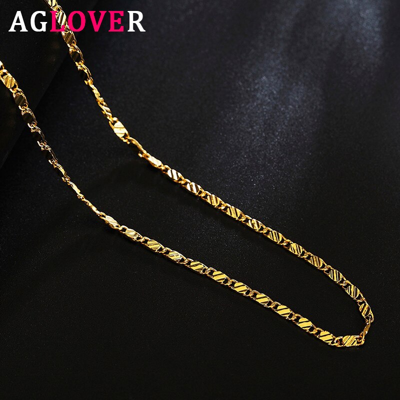 AGLOVER 925 Sterling Silver 16/18/20/22/24/26/28/30 Inch Gold Long Chain Necklace For Woman And Man Charm Jewelry