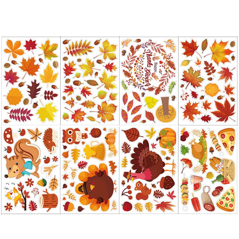 Cartoon Autumn Maple Leaf Window Wall Stickers Thanksgiving Bedroom Fall Leaf Turkey Fruit Wall Sticker Wall Decal Art