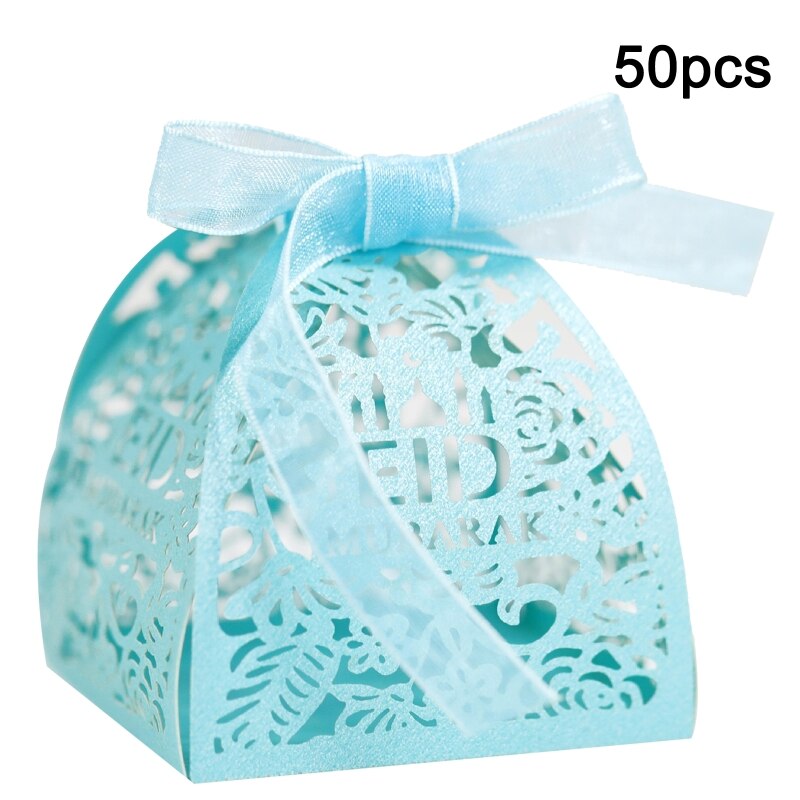 50pcs Eid Mubarak Candy Box Ramadan Decoration Hollow Wedding Party Favor Chocolate Boxes with Ribbons: BL-2