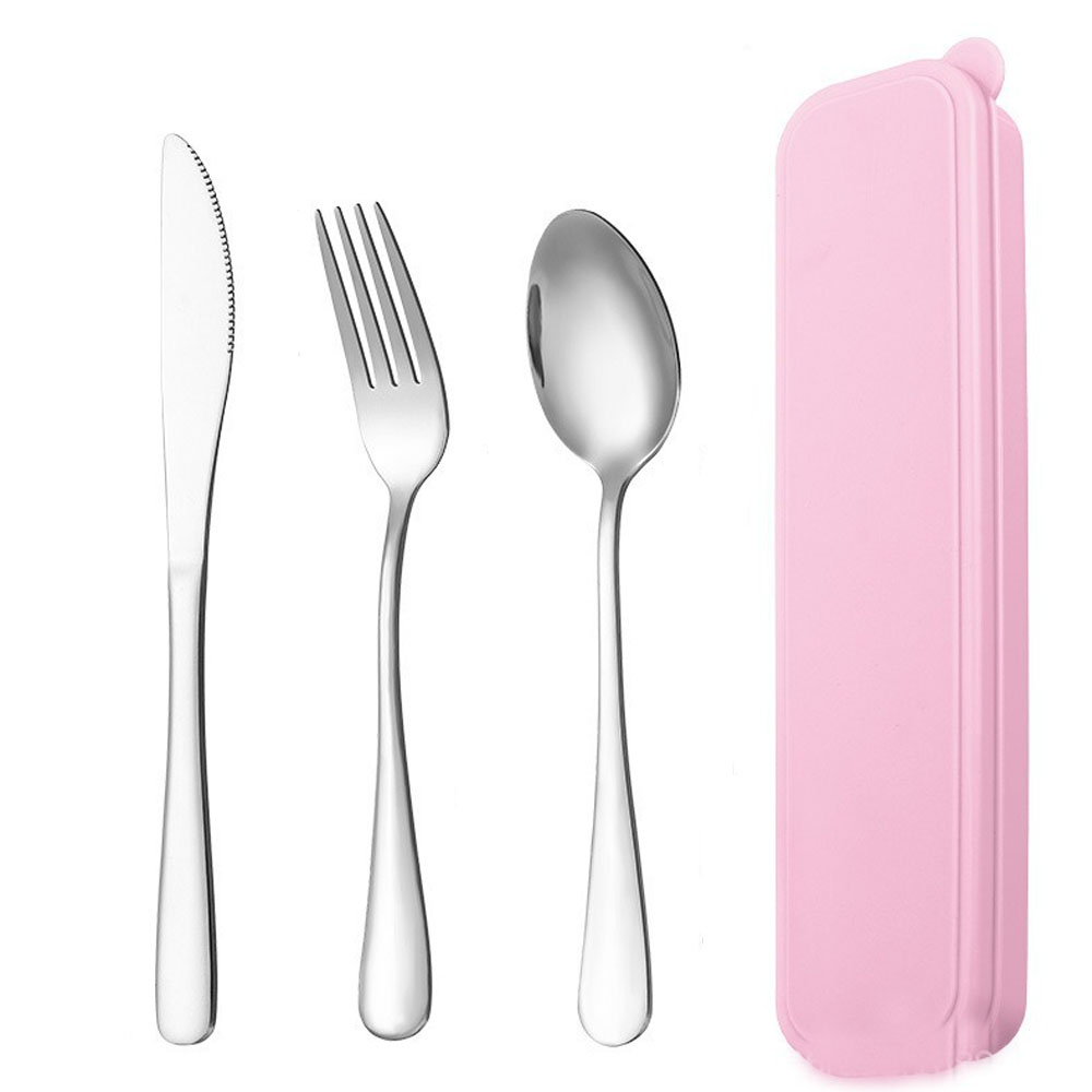 Tragbares Reiseutensilien-Set mit Koffer, wiederverwendbares Besteck aus Edelstahl, Besteck, Campingbesteck, inklusive Gabel, Löffel, Messer: Rosa