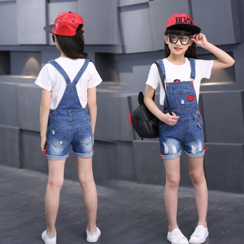 Sommar barn flickor broderi jeans jeans shorts overall jumpsuit för tjej barn skoloveraller 5 6 7 8 10 11 12 år