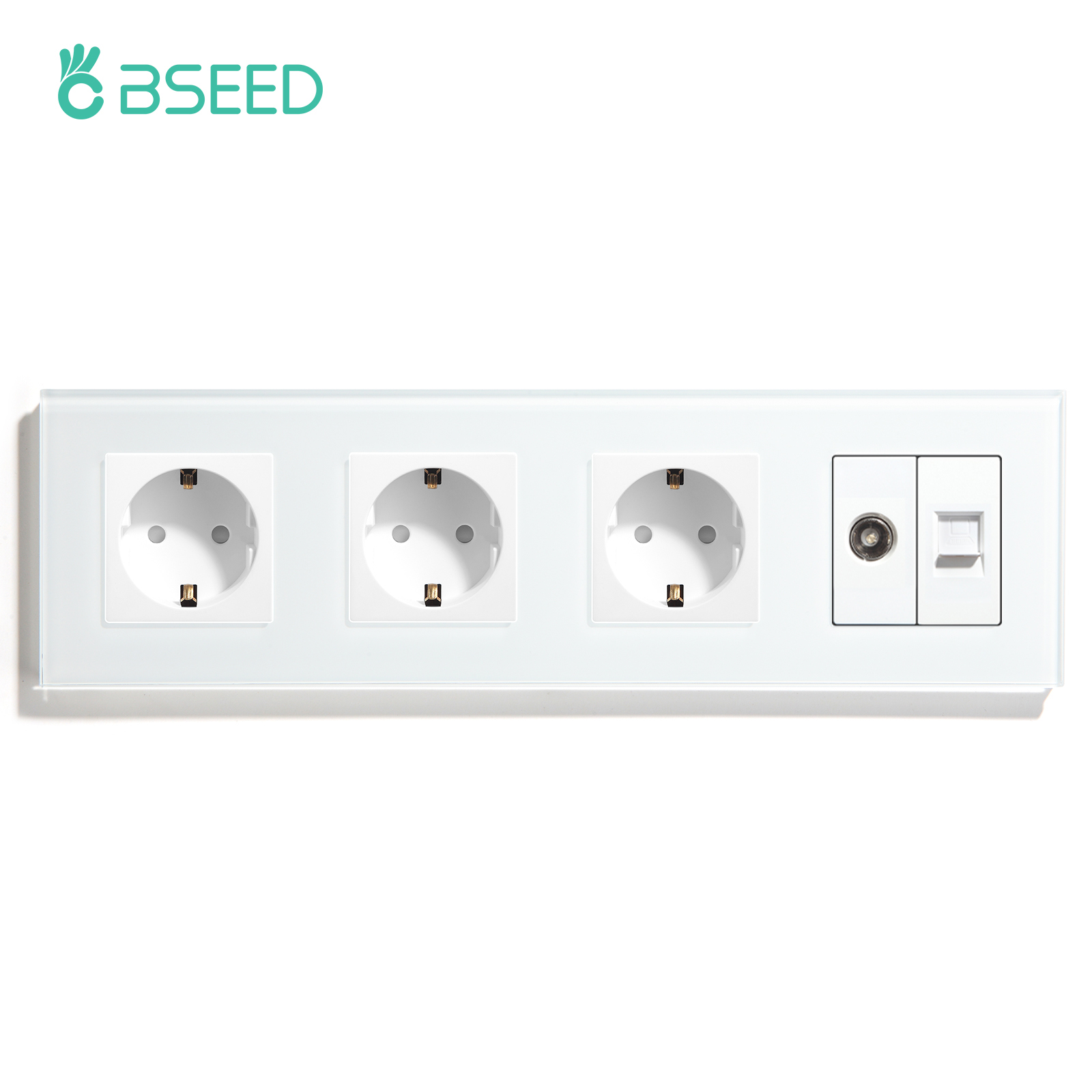BSEED-Enchufes de pared dobles, estándar europeo, cuatro marcos, TV, PC, Internet, Panel de cristal, Blanco, Negro, oro, estándar de la UE