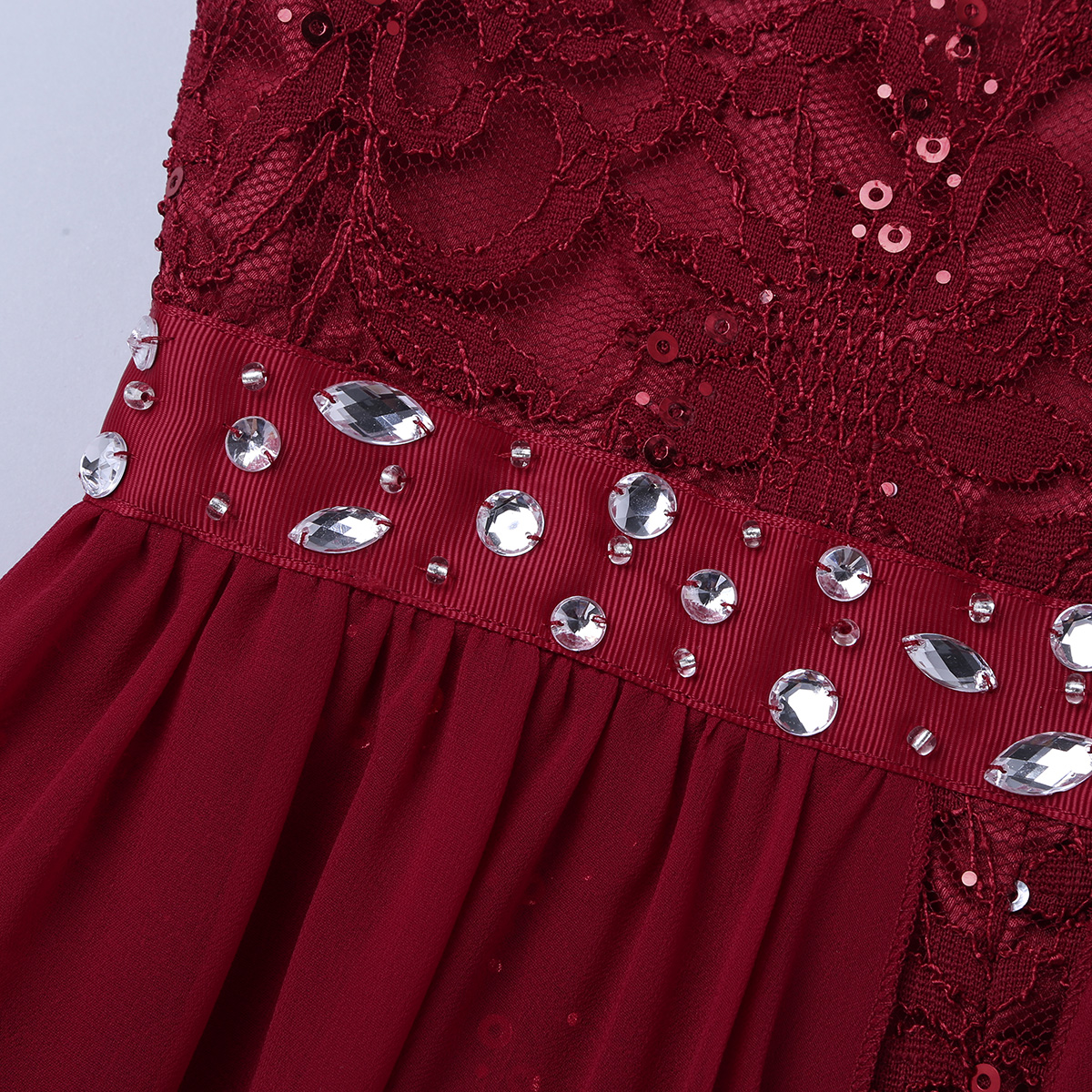 Meisjes Lyrische Dans Turnpakje Jurk Dancewear Mouwloze Bloemen Kant Strass Bruiloft Verjaardag Feestjurk