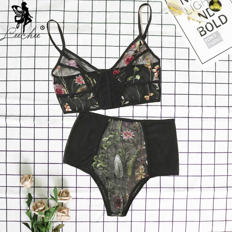 Leechee Women Underwear Embroidery Set Wire free Sexy Lingerie Mesh transparent Bra set Wire free V neck Floral Push up Bralette