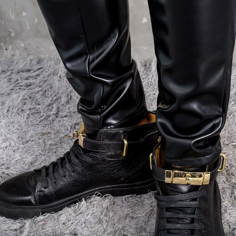 Heren herfst en winter casual leren broek heren zwarte elastische elastische taille voeten broek waterdichte pu leren broek
