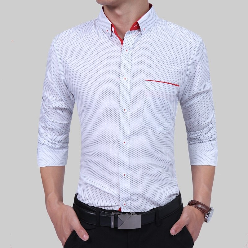 Brand slim fit herre langærmet business skjorte bomuld herre polkaprikker casual camisa social herre skjorte social størrelse: Hvid / Asiatisk størrelse 4xl