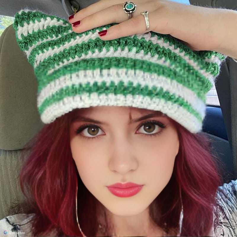 Corchet Cute Cat Ears Beanie Hat for Women Winter Striped Korean Y2K HipHop Cosplay Knitted Streetwear Men Skullies