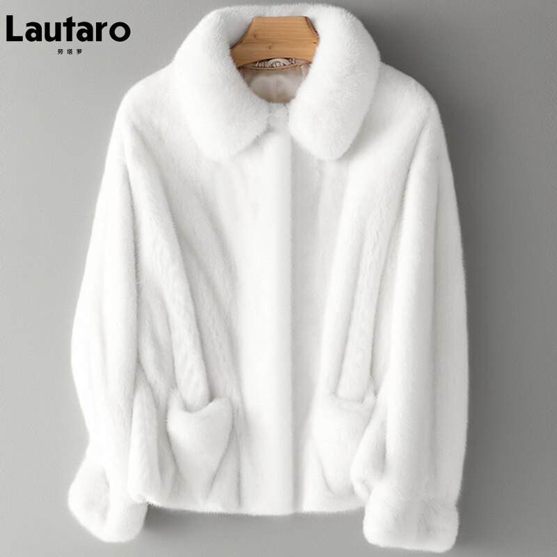 Lautaro Winter Korte Witte Dikke Warme Faux Nertsen Bontjas Vrouwen Zakken Runway Luxe Pluizige Harige Jas Koreaanse Mode