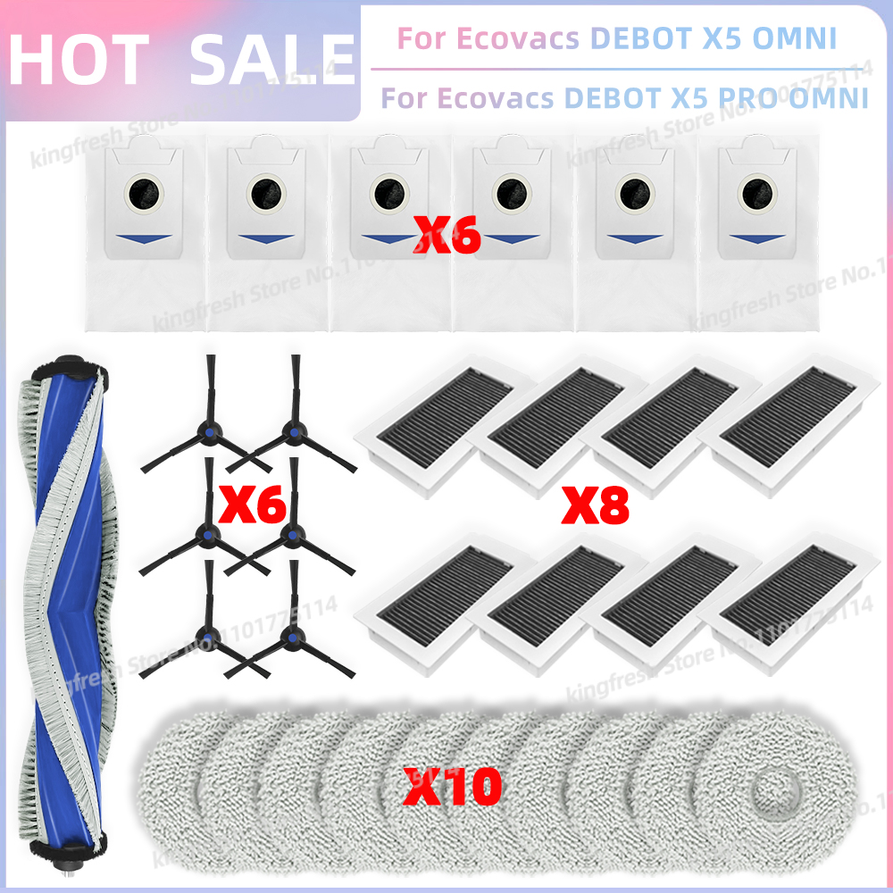 Compatible con piezas de repuesto para aspiradora robot Ecovacs Debot X5 OMNI / X5 PRO OMNI / X5 PRO - rodillo principal, cepillo lateral, filtro Hepa, paño de fregona, bolsa de polvo, accesorios: Amarillo claro