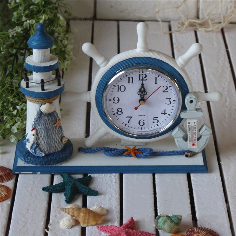 Mediterranean Lighthouse Clock Bell Bedroom Wooden Ornaments Rudder Home Furnishing Watch Clock Decoration Accessories