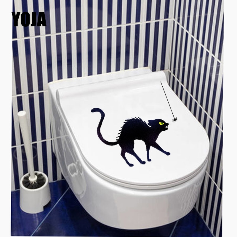 YOJA 23.4X20.8CM Cartoon Pattern Home Decor Halloween Black Cat Spider Wall Decal Toilet Seat Sticker T5-1192