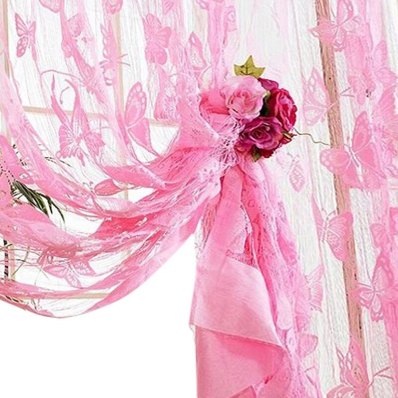 Romantic Modern Embroidered Sequins Butterfly Fringe String Rustic Sheer Purple Voile Curtains for Living Room Bedroom Kitchen: Pink