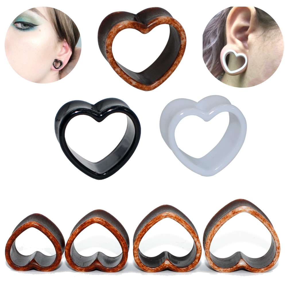 Paar Acryl Ear Plug Liefde Hart Tunnels Piercing Wit & Zwart & Bruin Flesh Tunnel Plug Body Piercing Brancard Expander oor Gauge