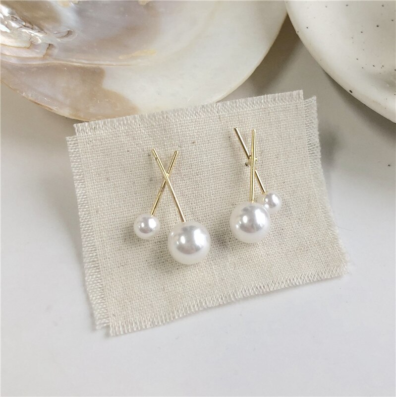 Korean Silver Color Long Chain Tassel Double Pearl Earrings for Women Two Wear Style Pearls Ball Stud Earrings Wedding Jewelry: F