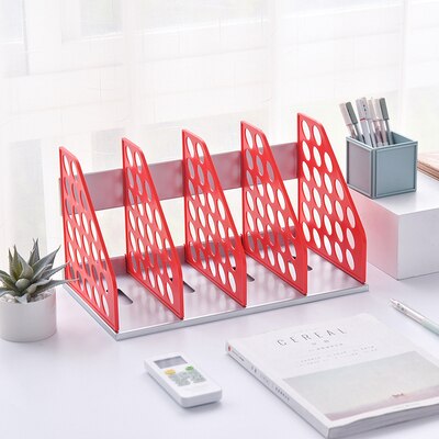 Office Desk File Organizer Magazine Holder Four-columns Bookshelf Paper Organizer Document File Storage Book Stand: Red