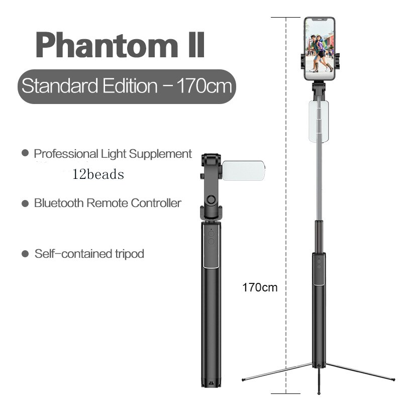 Uttrekkbart selfiestang stativ bluetooth fjernutløser bluetooth selfie pinne stativ med fylllys til mobiltelefon reise: 12 perler