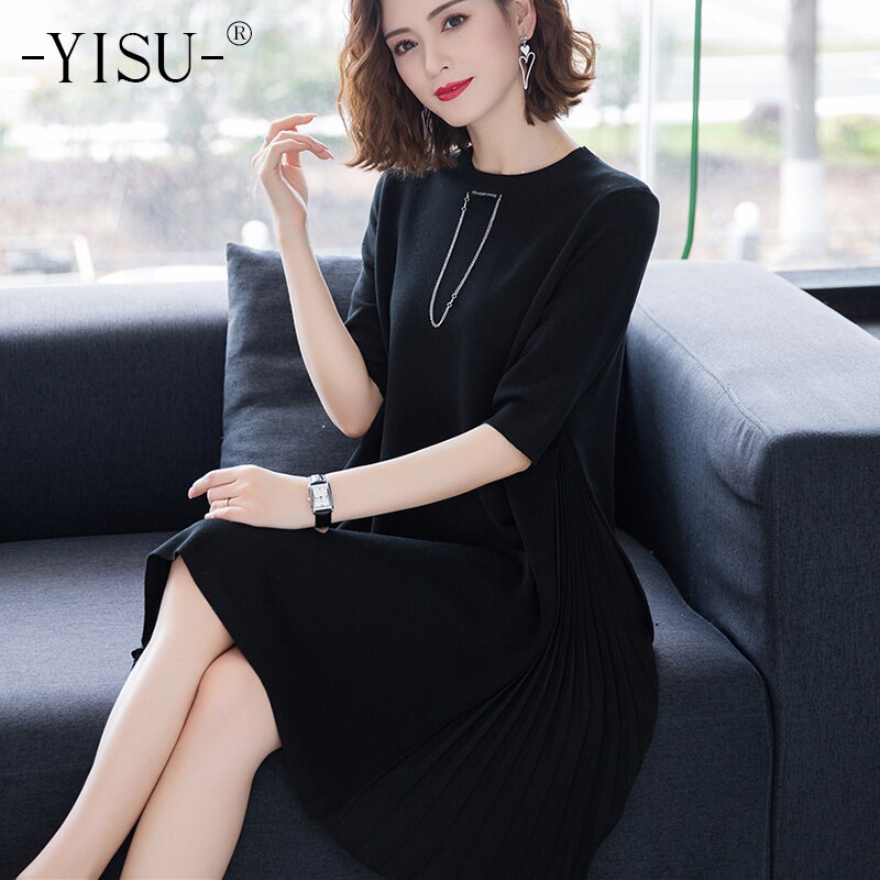 YISU-Vestido largo plisado para mujer, camiseta de media manga de seda de hielo con cuello redondo, accesorios de cadena, verano