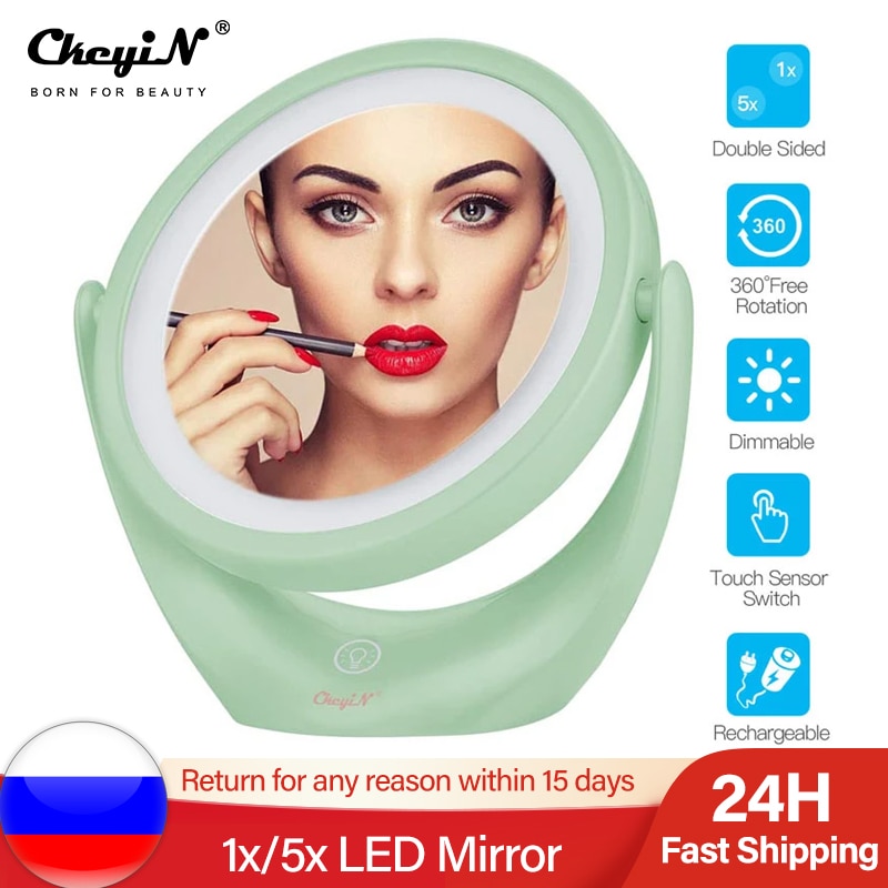Usb genopladeligt makeup lys spejl dobbeltsidet spejl 1x/5x forstørrelse kosmetik spejl 360 grader drejeligt makeup spejl
