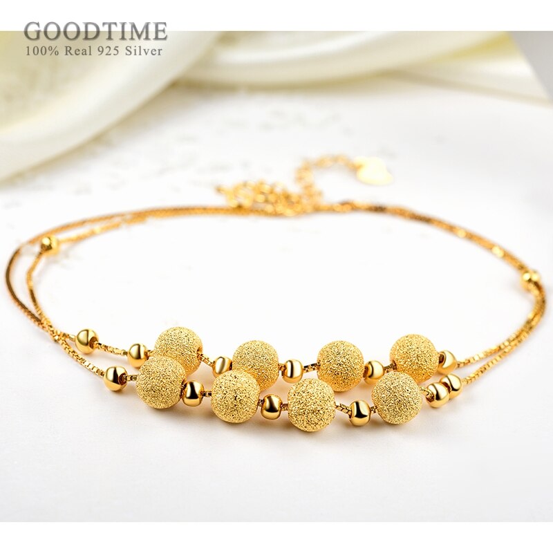 Pure 925 Sterling Silver Anklet Frosted Gold Color White Round Beads Anklets For Women Ankle Bracelet Foot Chain Jewelry