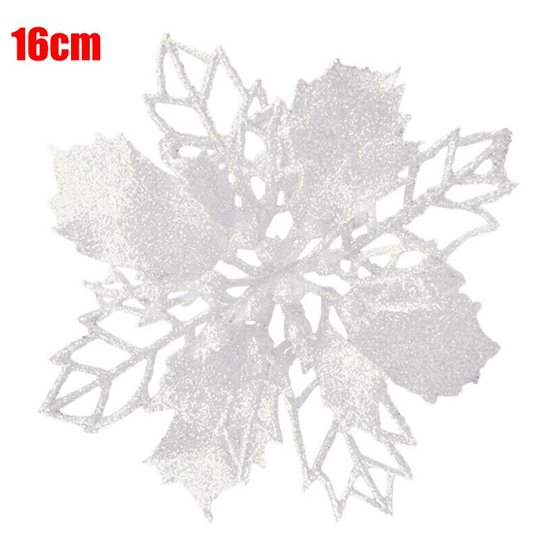 10 Pcs Christmas Poinsettia Glitter Flower Hollow Tree Hanging Decoration for Home Party DC120: White-16cm