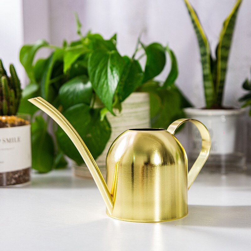 Regadera de boca larga de acero inoxidable de 500ML, regadera de plantas verdes, regadera pequeña dorada, herramientas de jardinería, Control de agua