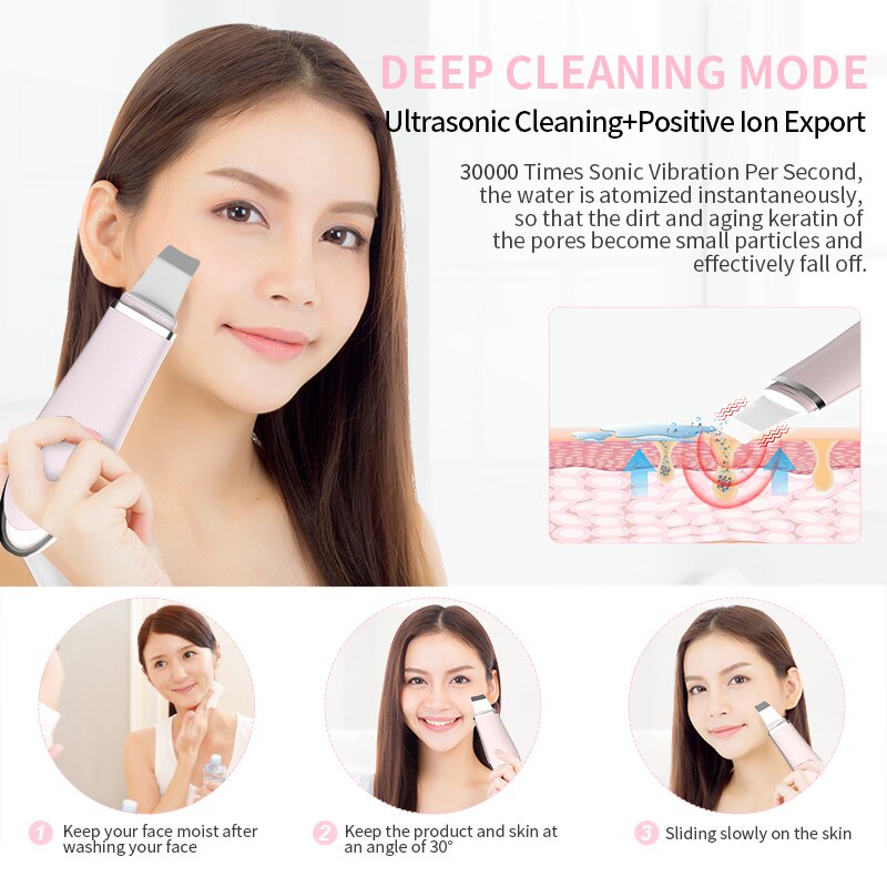 Anlan ultralyd ion rensing blackhead massasje hudscrubber peeling spade ansikts porerens maskin hudscrubber spatel