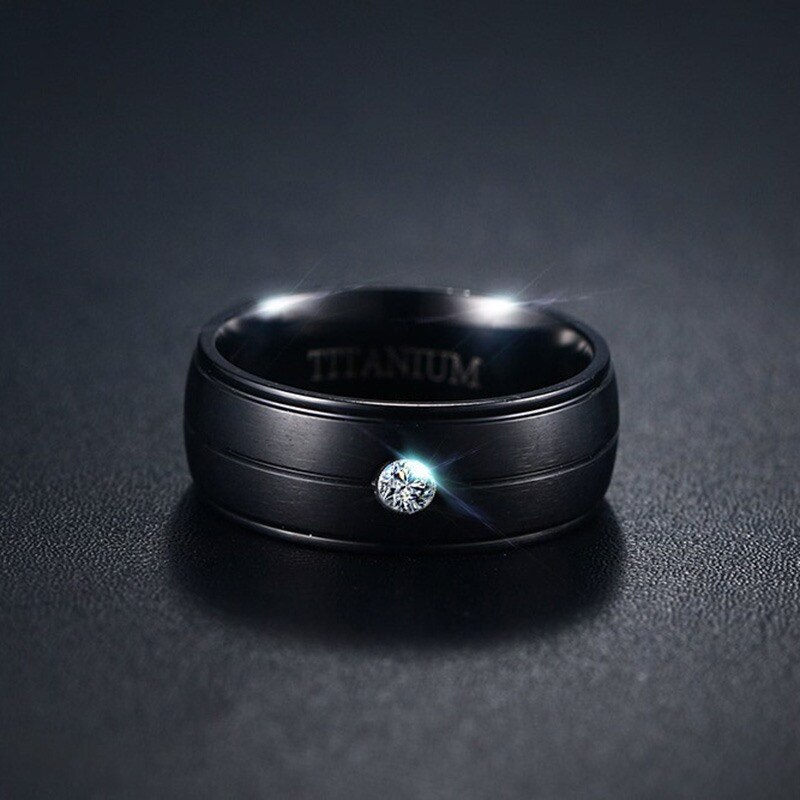 VNOX Men's Punk Pure Titanium Black Ring 8mm Matte Wedding Bands with CZ Stone Titanium Rings Men Jewelry