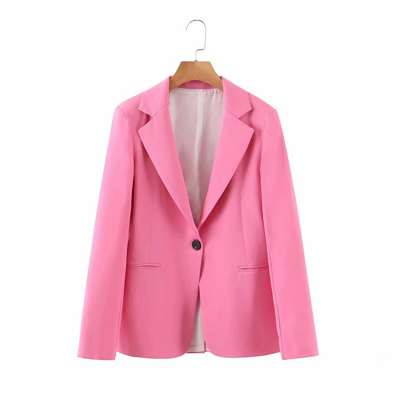 Forår efterår lilla pink 2- delt sæt kvinder enkelt knap kontor dame blazer jakke toppe+lynlås bukser jakkesæt kvindelige bukser: Kun pink blzaer / S