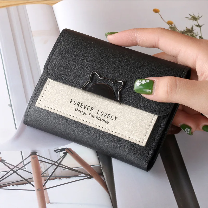 Cartera pequeña con orejas de gato para mujer, minibilletera bonita con único, monedero pequeño con hebilla de Metal contrastante, monedero portátil,: Negro